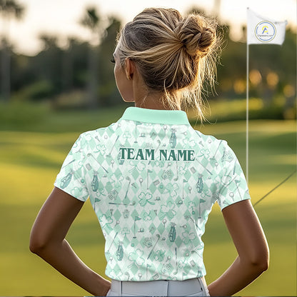Custom Women’s Long Sleeve Golf Polo Shirt Lucky Shamrock Argyle Pattern Personalized Team Name