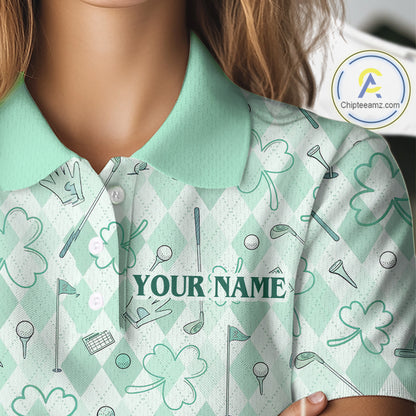 Custom Women’s Long Sleeve Golf Polo Shirt Lucky Shamrock Argyle Pattern Personalized Team Name