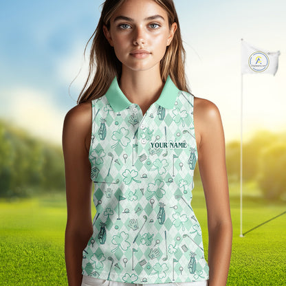 Custom Women's Sleeveless Golf Polo Shirt Lucky Shamrock Argyle Pattern Personalized Team Name