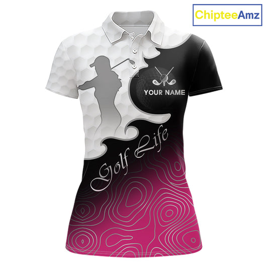 Custom Womens Golf Polo Shirt Pink Black Gradient, Personalized Name Golf Shirt, Gift For Golfer NHT825