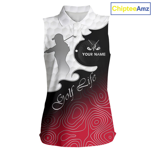 Custom Sleeveless Womens Golf Polo Shirt Red Black Gradient, Personalized Name Golf Shirt, Gift For Golfer NHT827