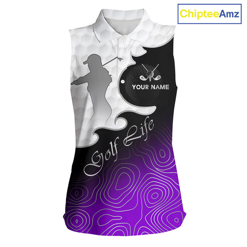 Custom Sleeveless Womens Golf Polo Shirt Purple Black Gradient, Personalized Name Golf Shirt, Gift For Golfer NHT828