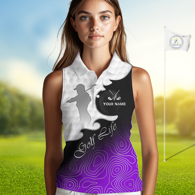 Custom Sleeveless Womens Golf Polo Shirt Purple Black Gradient, Personalized Name Golf Shirt, Gift For Golfer NHT828
