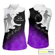Load image into Gallery viewer, Custom Sleeveless Womens Golf Polo Shirt Purple Black Gradient, Personalized Name Golf Shirt, Gift For Golfer NHT828