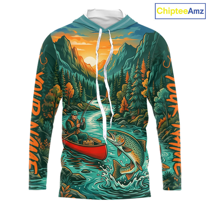 Trout Fishing 3D Long Sleeve Hooded Shirt Mountain River Landscape Fishing Apparel For Men 