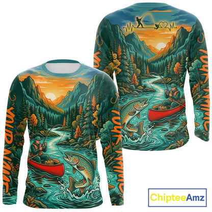 Long-sleeve shirt with nature-themed design featuring mountains, river, and fisherman, branded 'Chiptee Amz'.
