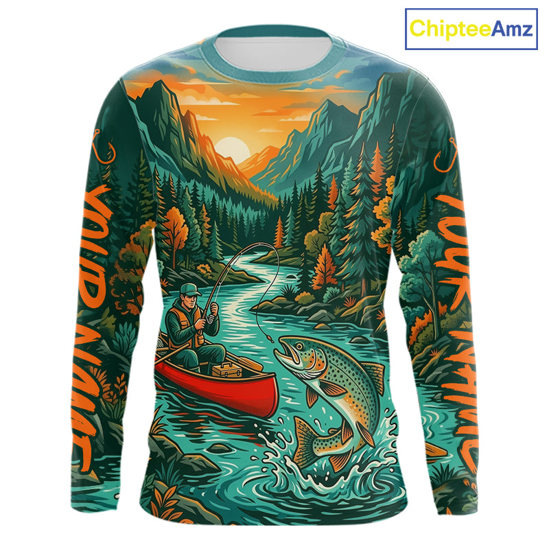 Trout Fishing 3D Long Sleeve Shirt Mountain River Landscape Fishing Apparel For Men 