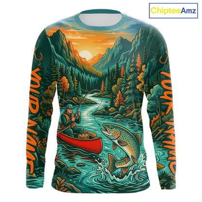 Trout Fishing 3D Long Sleeve Shirt Mountain River Landscape Fishing Apparel For Men 