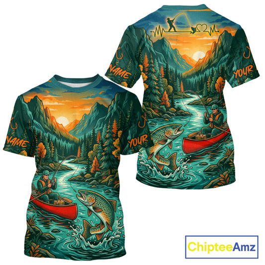 T-shirt with nature-themed design featuring a river, mountains, and fishing scene, branded 'Chiptee Amz'.