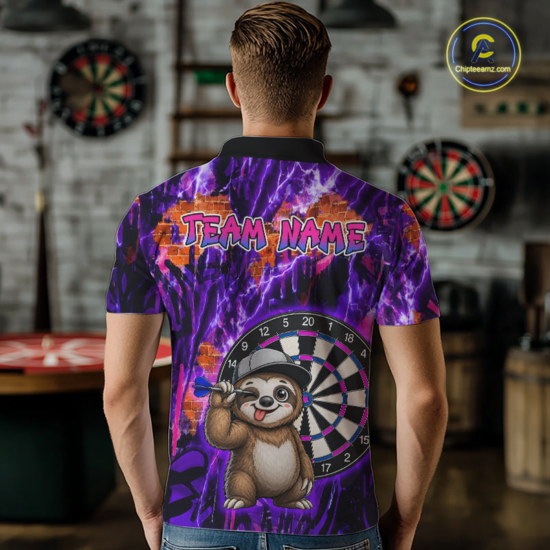 Person wearing a colorful polo shirt with a cartoon sloth holding a dart and a dartboard design.