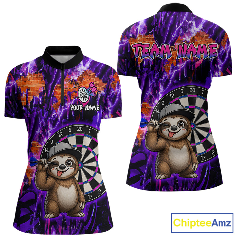 Colorful polo shirt with cartoon sloth and dartboard design, featuring 'Team Name' and 'Your Name' text.