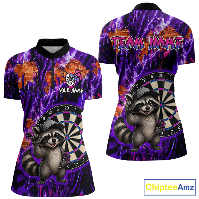 Colorful polo shirt with raccoon design and customizable text on a white background