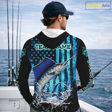 Load image into Gallery viewer, Custom Patriotic Sailfish Fishing Shirts Long Sleeve Hooded, Blue American Flag Sailfish Saltwater Fishing Shirt NHT616