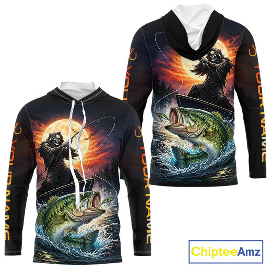 Personalized Fish Reaper Fishing Shirts Jerseys, Fish Reaper Sunset Bass Fishing Shirts Long Sleeve Hooded NHT829