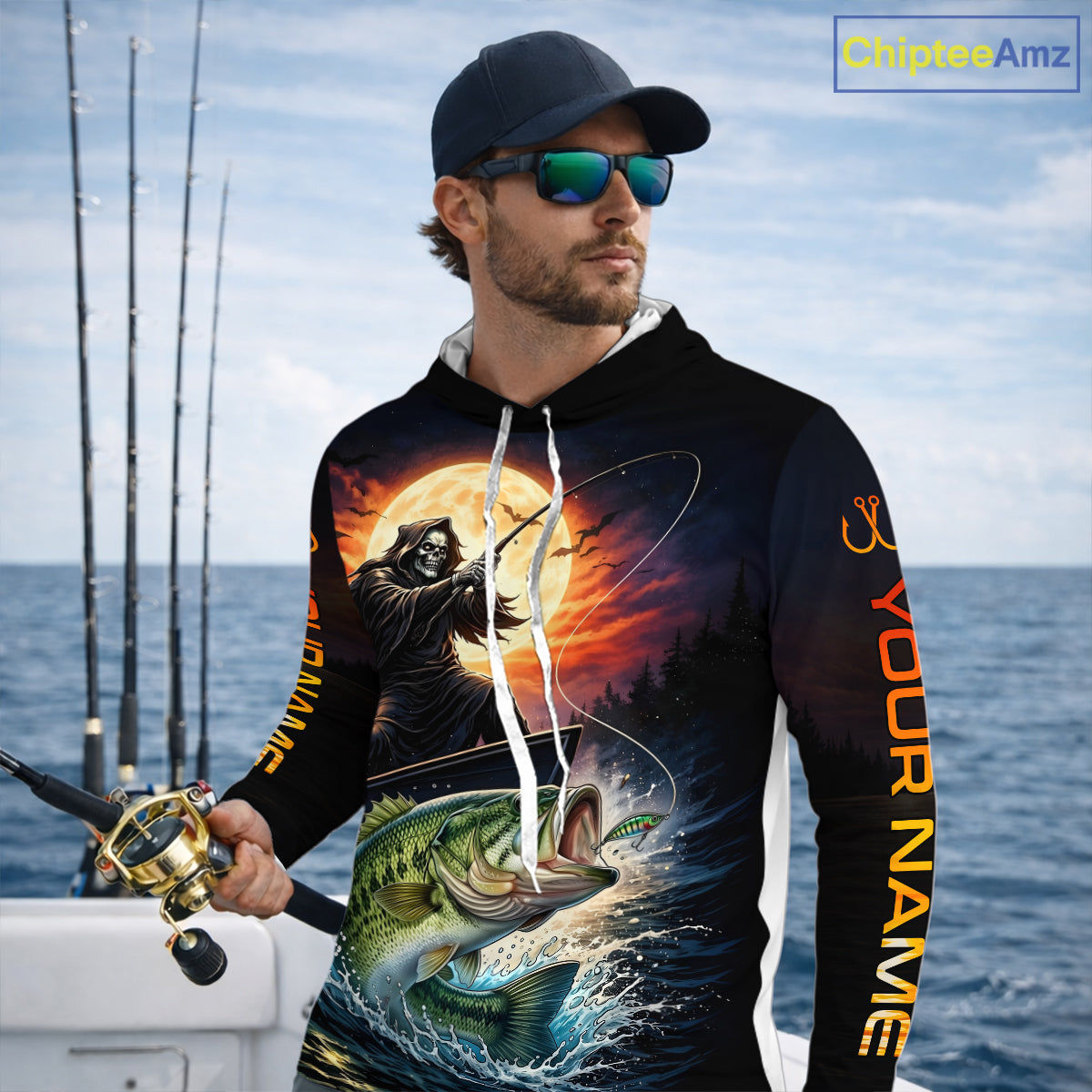 Personalized Fish Reaper Fishing Shirts Jerseys, Fish Reaper Sunset Bass Fishing Shirts Long Sleeve Hooded NHT829