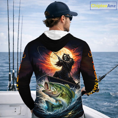 Personalized Fish Reaper Fishing Shirts Jerseys, Fish Reaper Sunset Bass Fishing Shirts Long Sleeve Hooded NHT829