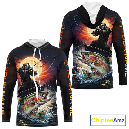 Personalized Fish Reaper Fishing Jerseys, Fish Reaper Sunset Rainbow Trout Fishing Shirts Long Sleeve Hooded NHT832