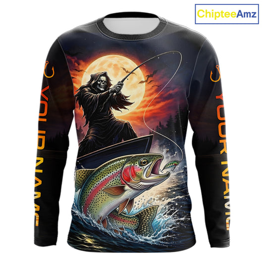 Personalized Fish Reaper Fishing Jerseys, Fish Reaper Sunset Rainbow Trout Fishing Shirts Long Sleeve NHT832