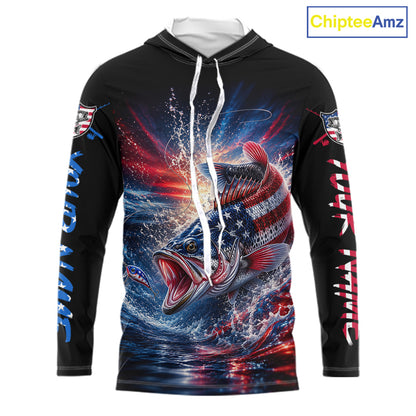Patriotic Bass Fishing Long Sleeve Hooded Shirt – American Flag Design For Men