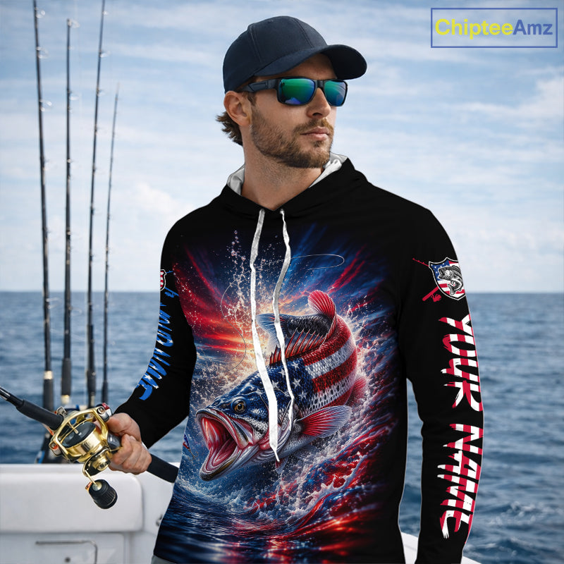 Patriotic Bass Fishing Long Sleeve Hooded Shirt – American Flag Design For Men