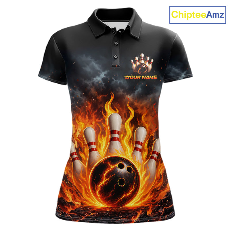 A women's short-sleeve polo shirt with a bowling-themed flame graphic. The shirt features a black collar and upper chest, transitioning into a dramatic print of orange and yellow flames surrounding bowling pins and a bowling ball, with a customizable name placeholder on the chest.
