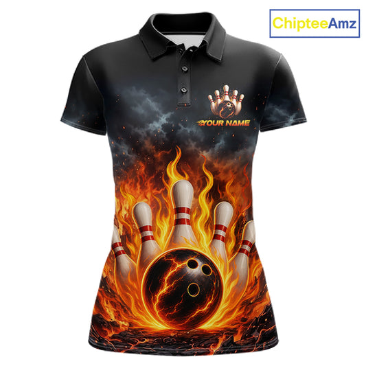 A women's short-sleeve polo shirt with a bowling-themed flame graphic. The shirt features a black collar and upper chest, transitioning into a dramatic print of orange and yellow flames surrounding bowling pins and a bowling ball, with a customizable name placeholder on the chest.