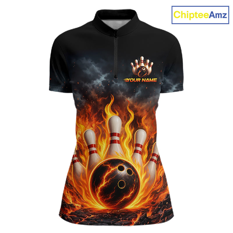 A short-sleeve black quarter-zip polo shirt with a custom bowling-themed graphic print featuring a bowling ball and pins surrounded by flames. The shirt has a placeholder graphic on the left chest with a hand and the text 'YOUR NAME'.