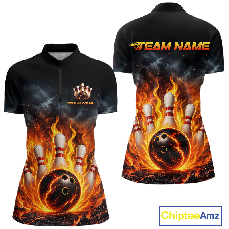 Custom short-sleeve black polo-style bowling shirt shown from the front and back, featuring a fiery flame graphic with bowling pins and balls, plus customizable text areas on the chest and back.