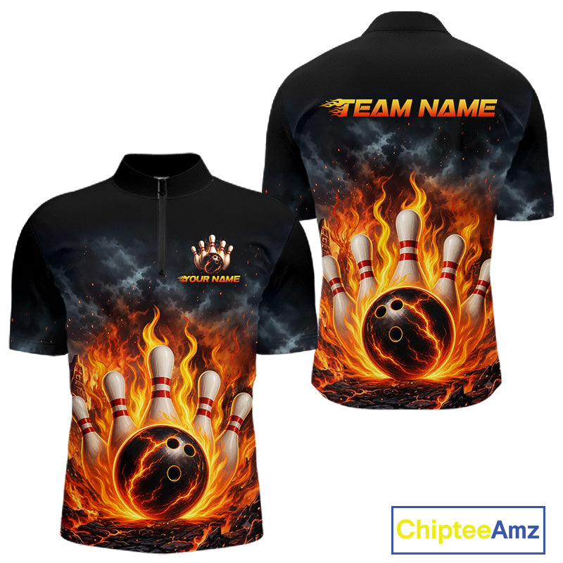 Custom bowling-themed short-sleeve zip-up shirt shown from the front and back on a white background. The design features a black base with a dramatic fiery graphic of bowling pins and a bowling ball surrounded by flames, with customizable text areas on the chest and back.
