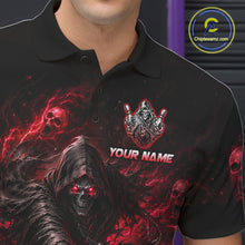 Load image into Gallery viewer, Black polo shirt with grim reaper design and 'Your Name' text on a dark background