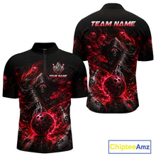 Load image into Gallery viewer, Black and red bowling shirt with a skeleton holding a bowling ball design, customizable text on a white background.