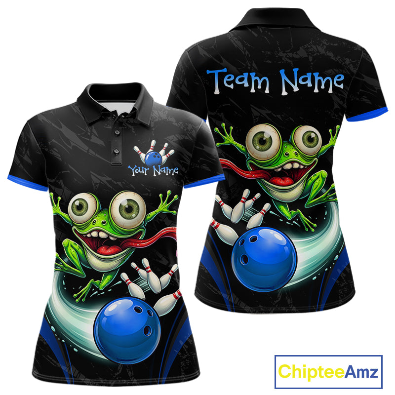 Front and back views of a custom black short-sleeve polo shirt with a cartoon frog holding bowling pins and a blue bowling ball, featuring customizable text placeholders 'Your Name' and 'Team Name'.