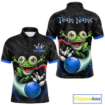 Front and back views of a black short-sleeve bowling-themed polo shirt with a large green cartoon frog, blue bowling ball, and customizable text areas reading 'Team Name' and 'Your Name'.
