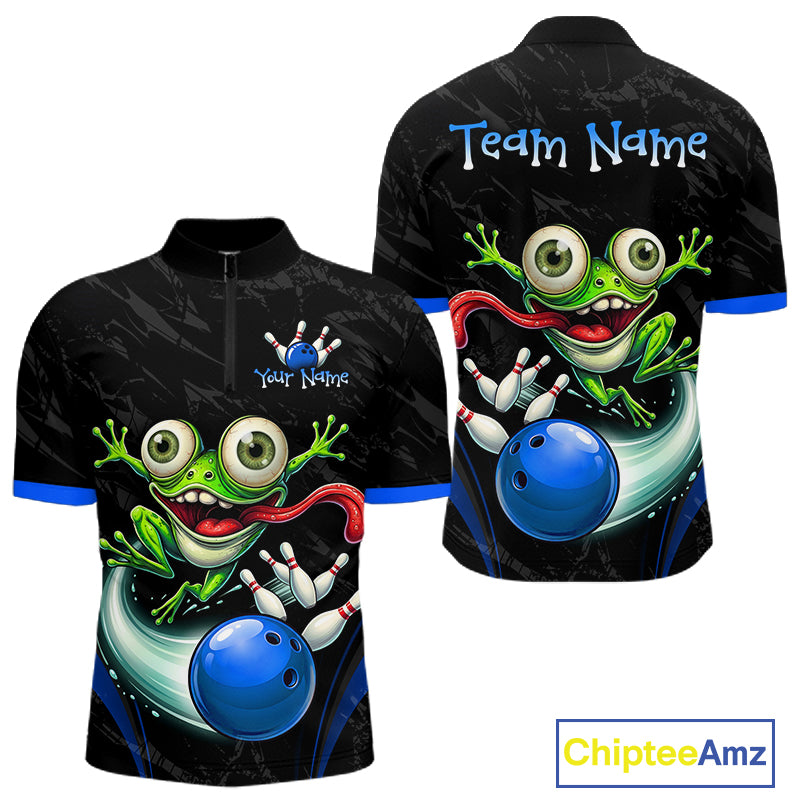 Custom short-sleeve zip-up cycling jerseys shown from the front and back, featuring a cartoon green frog holding bowling pins and a blue bowling ball on a black patterned background with blue trim.