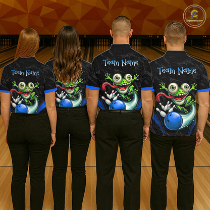 Funny Frog Bowling Polo Shirt 1/4 Zip Personalized Custom Name Blue Team Jersey For Women NHT1296