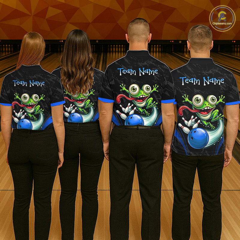 Funny Frog Bowling Polo Shirt 1/4 Zip Personalized Custom Name Blue Team Jersey For Men NHT1296