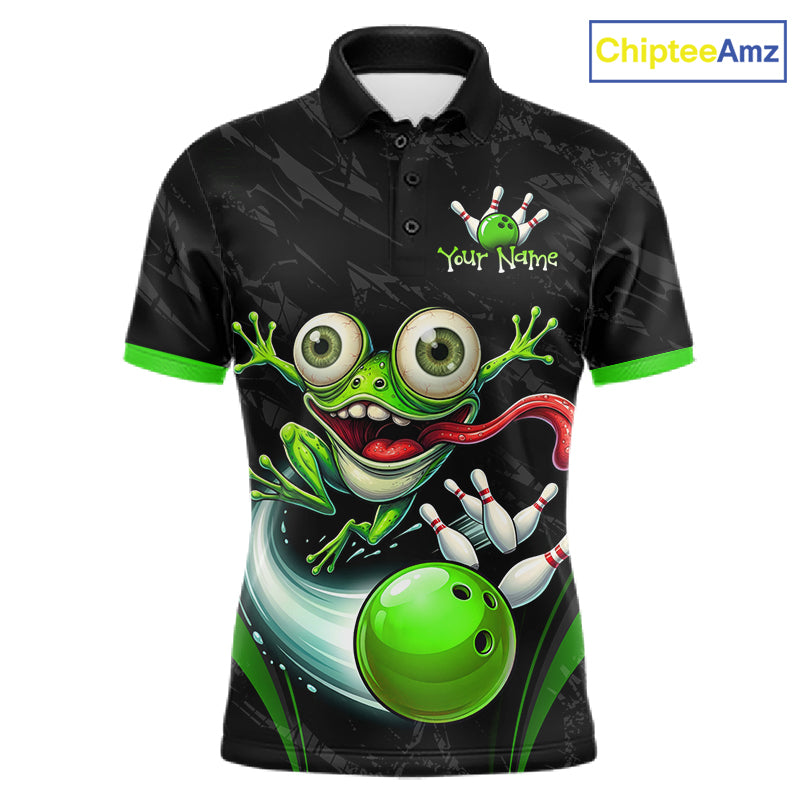 A black short-sleeve polo shirt with a vibrant green cartoon frog and bowling ball graphic on the front, featuring green trim on the collar and cuffs, and a 'Your Name' customization placeholder on the chest. A 'ChipteeAmz' logo is visible in the top right corner.