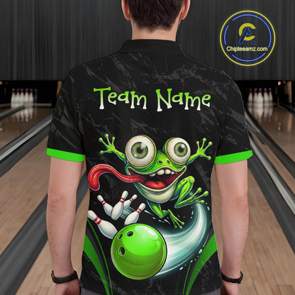 A person viewed from behind wearing a black short-sleeve bowling-themed shirt with a large green frog and bowling ball graphic, plus the text 'Team Name' across the upper back. Bowling lanes are visible in the background, and a circular 'Chipteeamz.