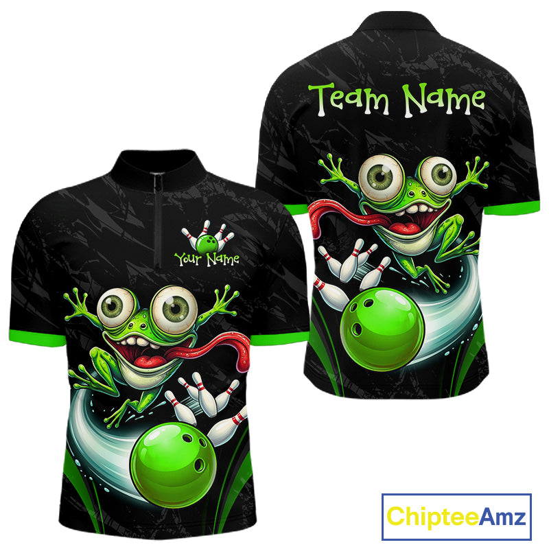 Black short-sleeve cycling jersey shown from the front and back, featuring a large green cartoon frog holding bowling pins and a green bowling ball, with customizable text areas on the chest and upper back.
