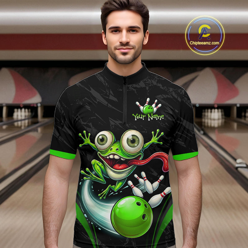 A man wearing a black short-sleeve cycling jersey with a colorful cartoon frog and bowling ball graphic, standing in front of a blurred bowling alley background. A circular 'Chipteeamz.