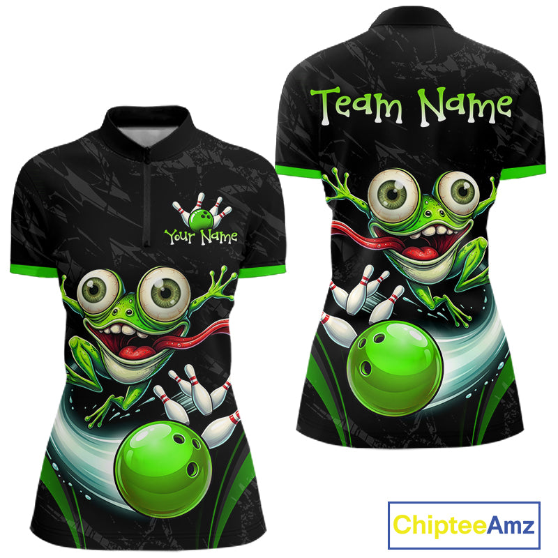 Front and back views of a black short-sleeve polo shirt with a green cartoon frog bowling graphic, customizable text areas, and a ChipteeAmz logo on a white background.