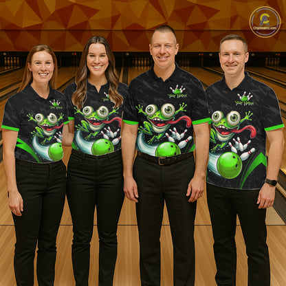 Funny Frog Bowling Polo Shirt 1/4 Zip Personalized Custom Name Green Bowling Ball Jersey For Men NHT1297
