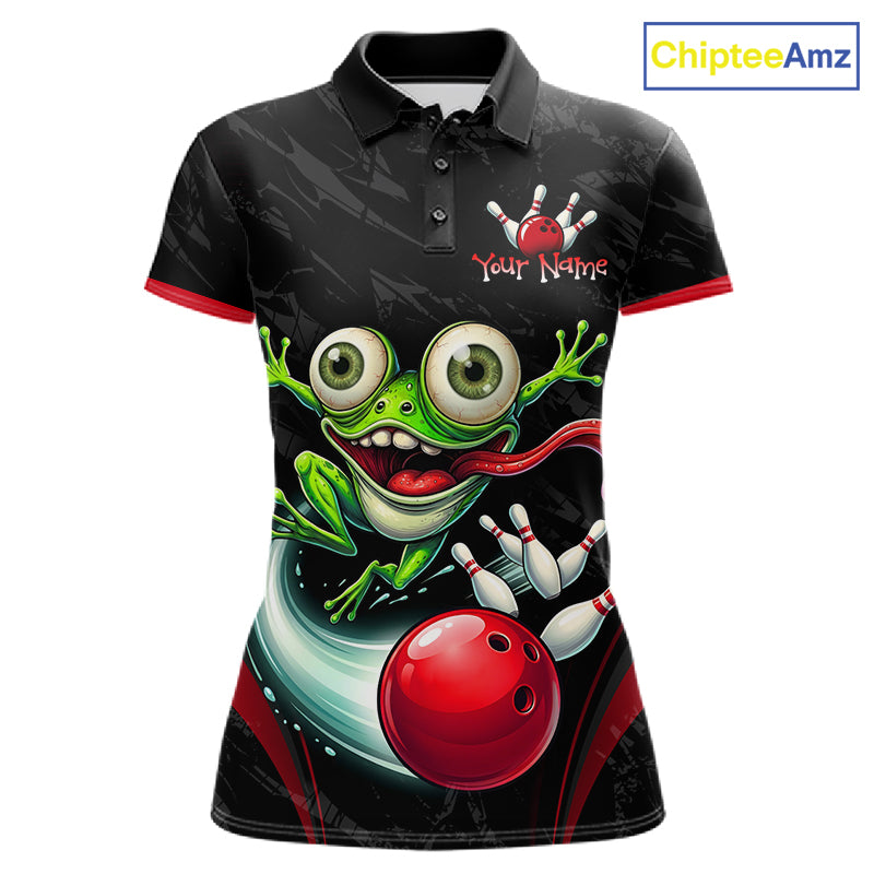 A women's short-sleeve polo shirt with a black background and a large graphic of a green cartoon frog bowling with a red bowling ball. The shirt has red trim on the collar and sleeve cuffs, and a customizable text placeholder 'Your Name' with a bowling pin icon on the left chest.