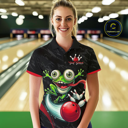 Funny Frog Bowling Polo Shirt 1/4 Zip Personalized Custom Name Red Bowling Ball Jersey For Women NHT1298