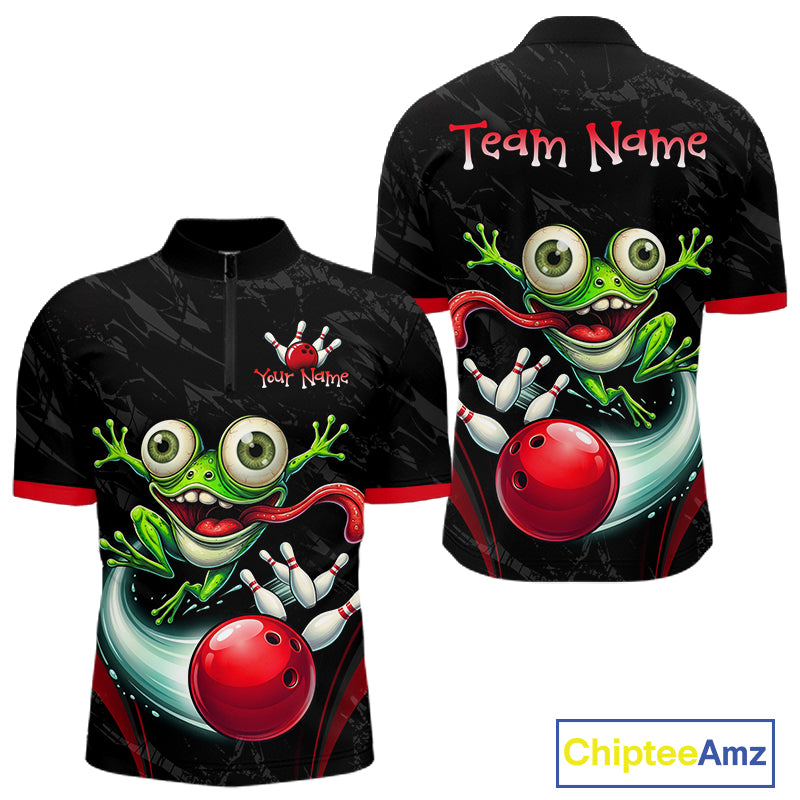 Custom short-sleeve zip-up cycling jerseys shown from the front and back, featuring a green cartoon frog bowling with a red bowling ball on a black patterned background. The front displays 'Your Name' and the back displays 'Team Name' in red text.