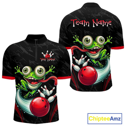 Custom short-sleeve zip-up cycling jerseys shown from the front and back, featuring a green cartoon frog bowling with a red bowling ball on a black patterned background. The front displays 'Your Name' and the back displays 'Team Name' in red text.