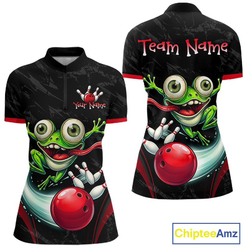 Front and back views of a black short-sleeve polo shirt with a colorful cartoon frog, bowling ball, and bowling pins graphic. The front features a small customizable name graphic on the left chest, and the back has 'Team Name' printed in red at the collar.