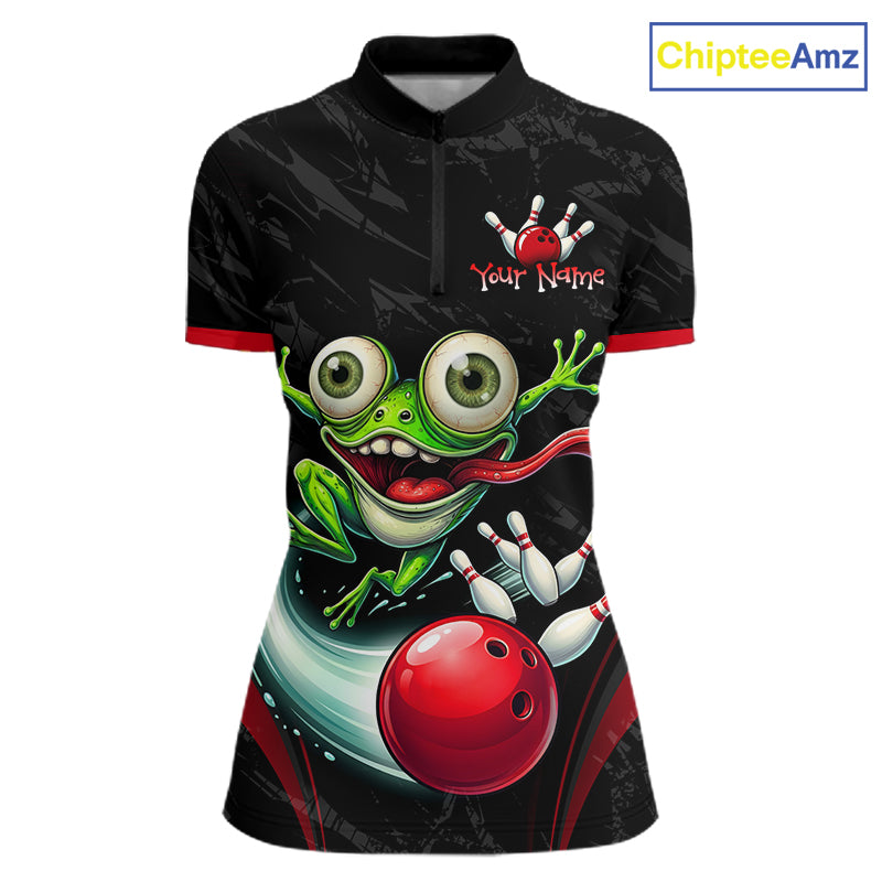 A black short-sleeve polo shirt with a red collar and sleeve trim, featuring a large cartoon frog and red bowling ball graphic on the front. The shirt has a mock zip collar and a 'Your Name' placeholder print on the chest.