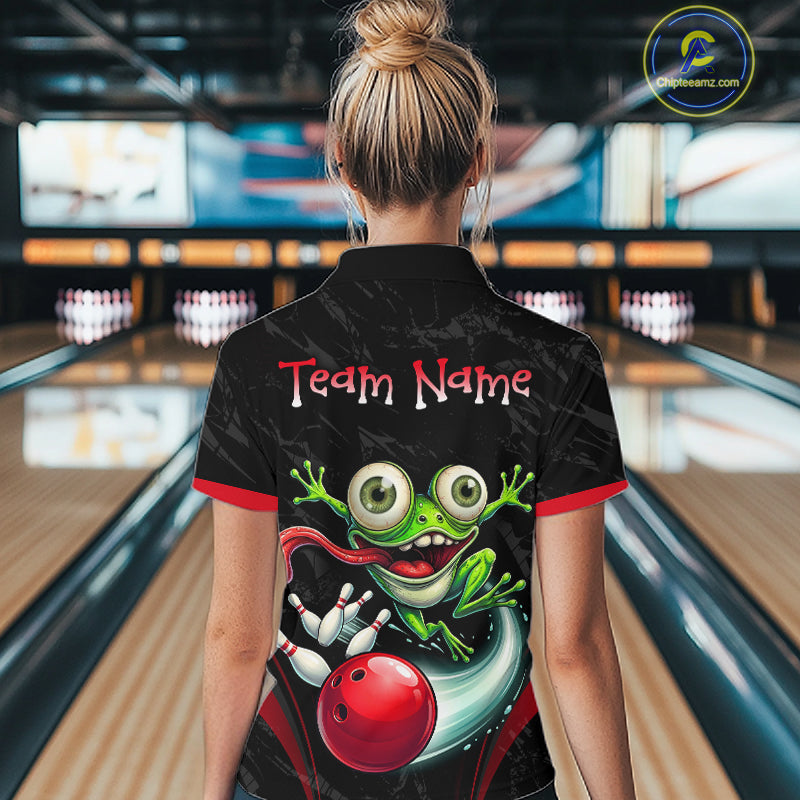 Funny Frog Bowling Polo Shirt 1/4 Zip Personalized Custom Name Red Bowling Ball Jersey For Women NHT1298