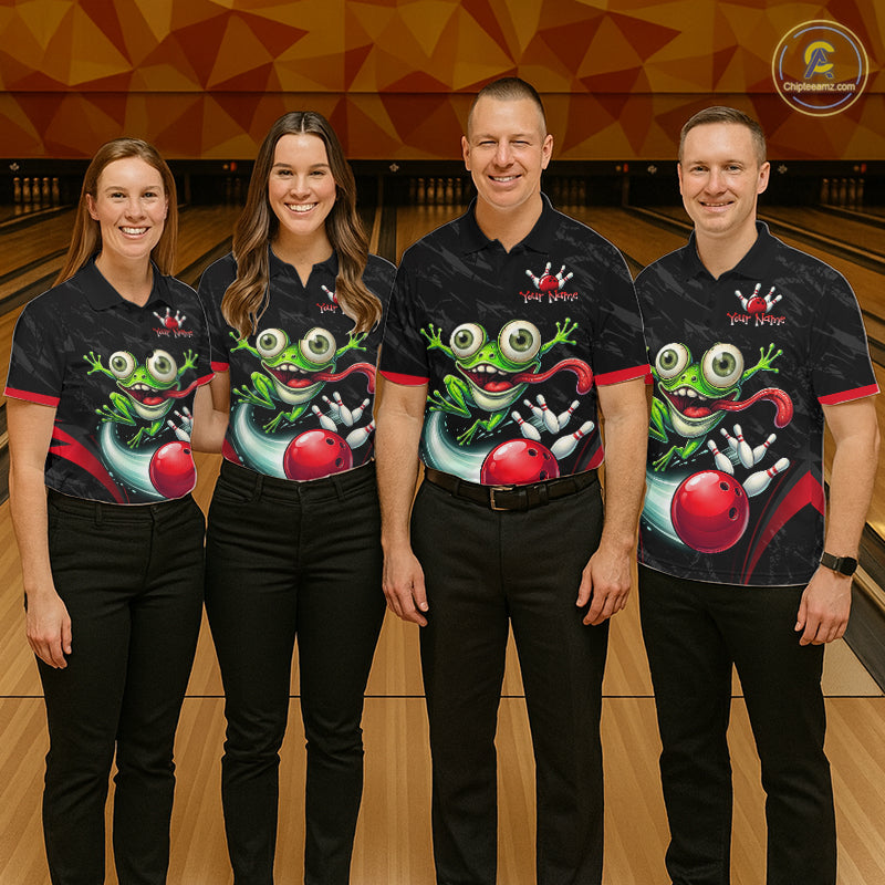 Funny Frog Bowling Polo Shirt 1/4 Zip Personalized Custom Name Red Bowling Ball Jersey For Men NHT1298